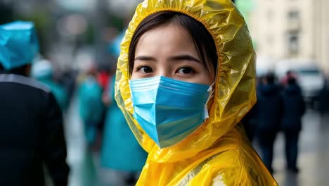 a woman wearing a yellow raincoat and a face mask