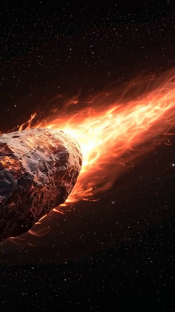 Video verticale: Meteoroide roccioso che entra nell'inquadratura attraversando le stelle, infiammando la scia di plasma, spazio per il testo