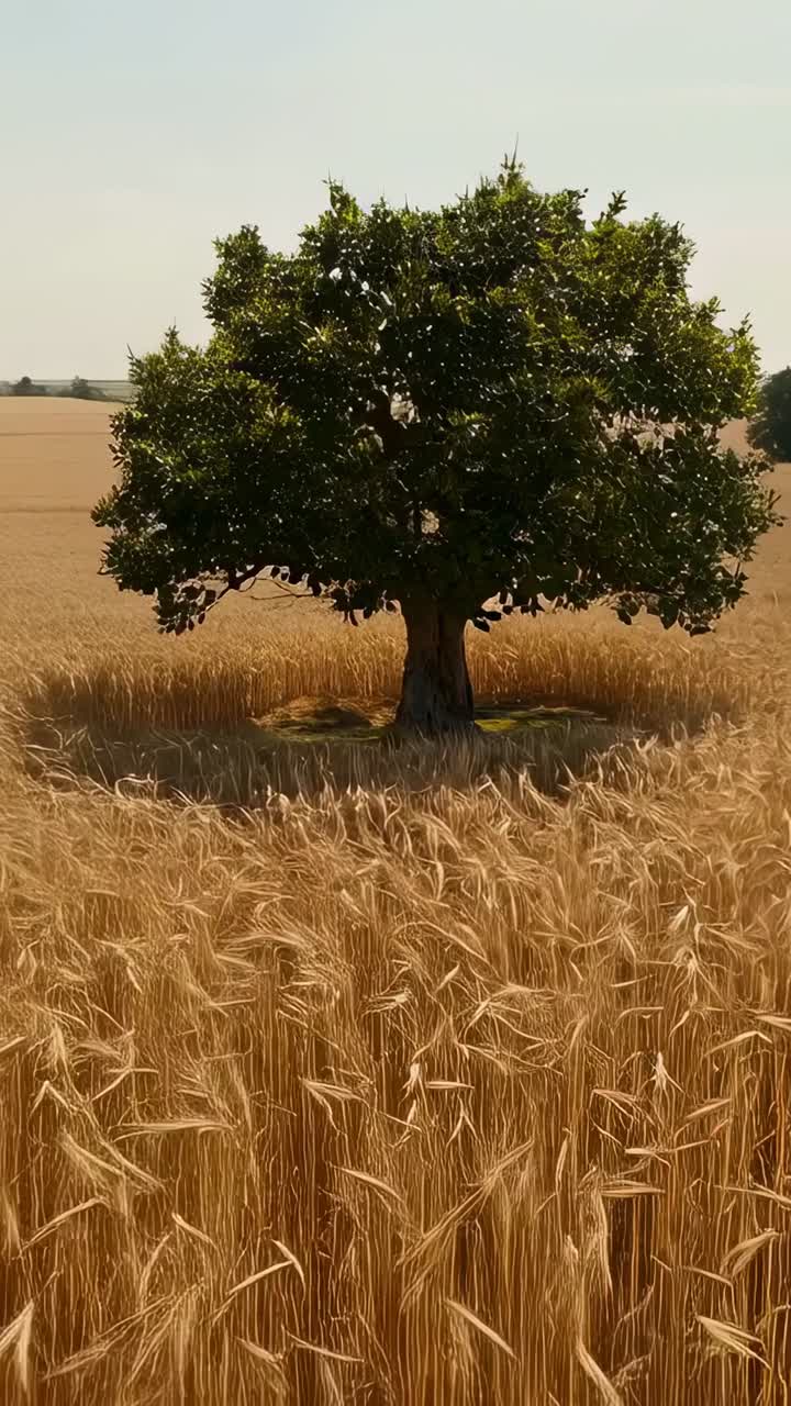 Video verticale: il vento muove il grano, la ripresa si allarga rivelando un albero maturo in un campo con un'ombra