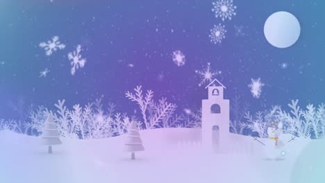 Animation-of-winter-scenery-with-pink-spots-and-snowflakes-falling-on-blue-background