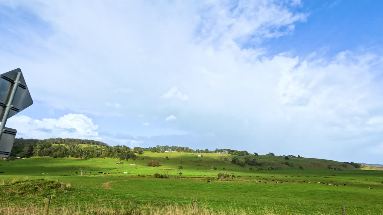 un viaje sereno que muestra colinas verdes exuberantes y cielos abiertos a lo largo de la gran carretera del océano en australia.