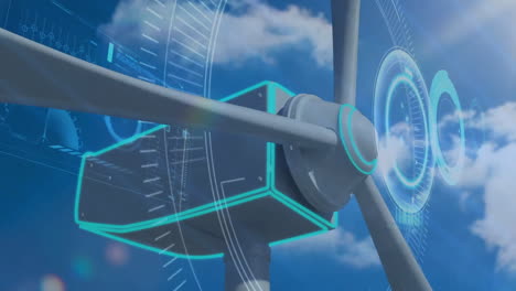 wind turbine with futuristic data processing animation over blue sky background