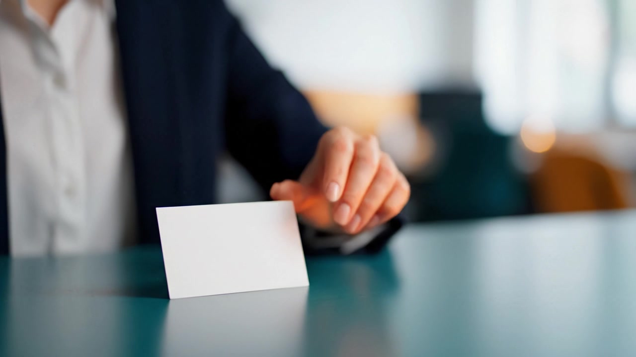 An Individual in a Suit Holding a Blank Card on a Table, Highlighting a Professional or Business Setting with a Focus on the Gesture and Composition