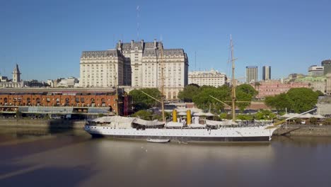 aerial push in view of sarmiento frigate in puerto madero, buenos aires