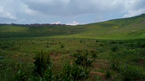 Un-Campo-Verde-Y-Colinas-Llenas-De-Flores-Y-Plantas-En-La-Sombra-De-Las-Nubes-Bajo-El-Cielo-Azul