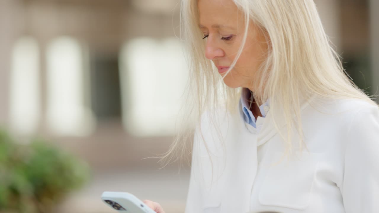 Donna anziana che usa lo smartphone e tiene una tazza di caffè all'aperto