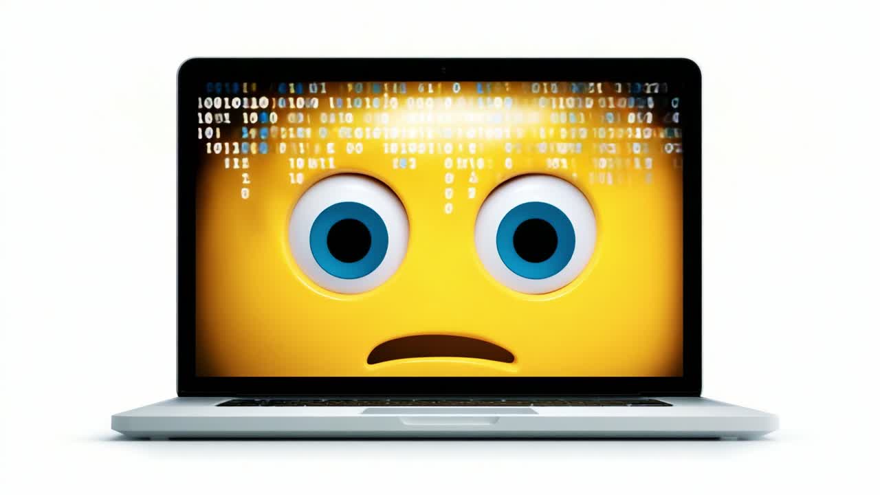 A Surprised Emoji Displayed on a Laptop Screen Surrounded by Binary Code, Capturing the Essence of Digital Emotions and Technology Interaction