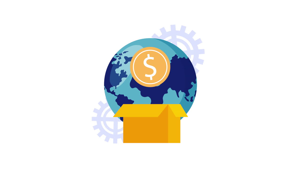 commercio di bitcoin con animazione di scatola e pianeta