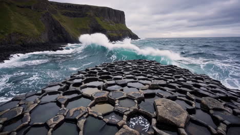 giant's causeway basalt columns with crashing ocean waves and cliffs