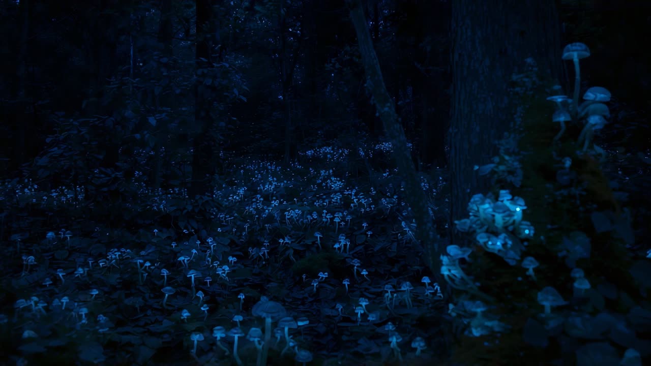 Starting camera pan revealing glowing mushroom cluster at tree base spreading across forest floor
