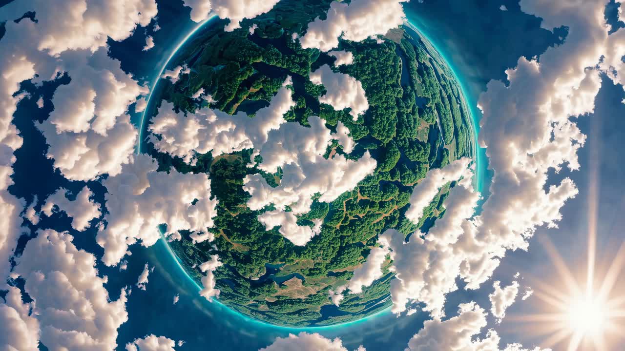 Aerial video concept of a lush, green planet surrounded by fluffy clouds, captured from a low-angle