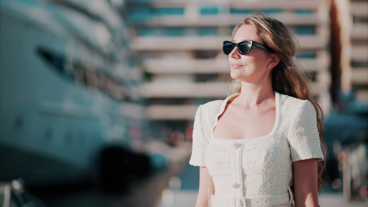 Brunette woman in a white dress smiling with a blurry background