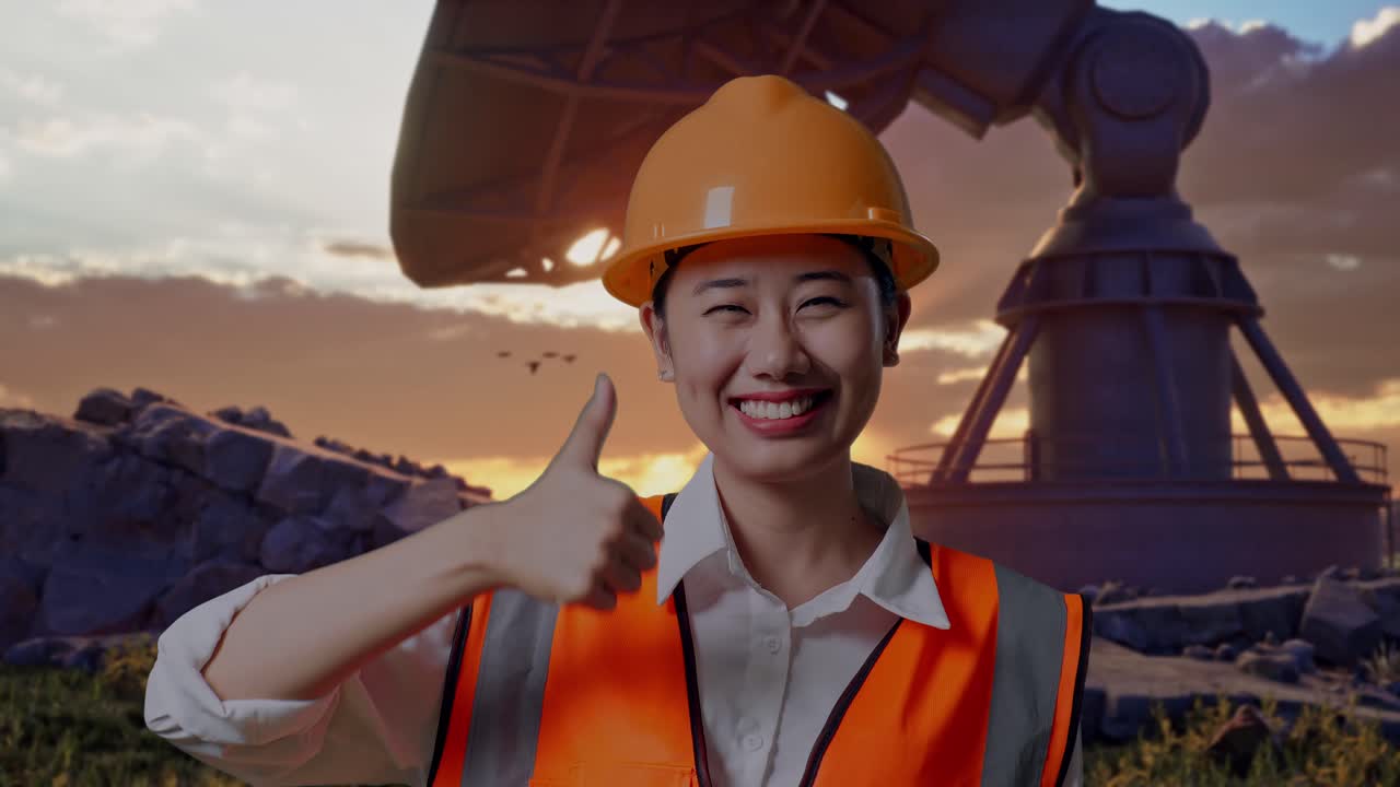 Close Up Of Asian Female Engineer With Safety Helmet Smiling And Showing Thumbs Up Gesture To The Camera While Standing With Large Satellite Dish