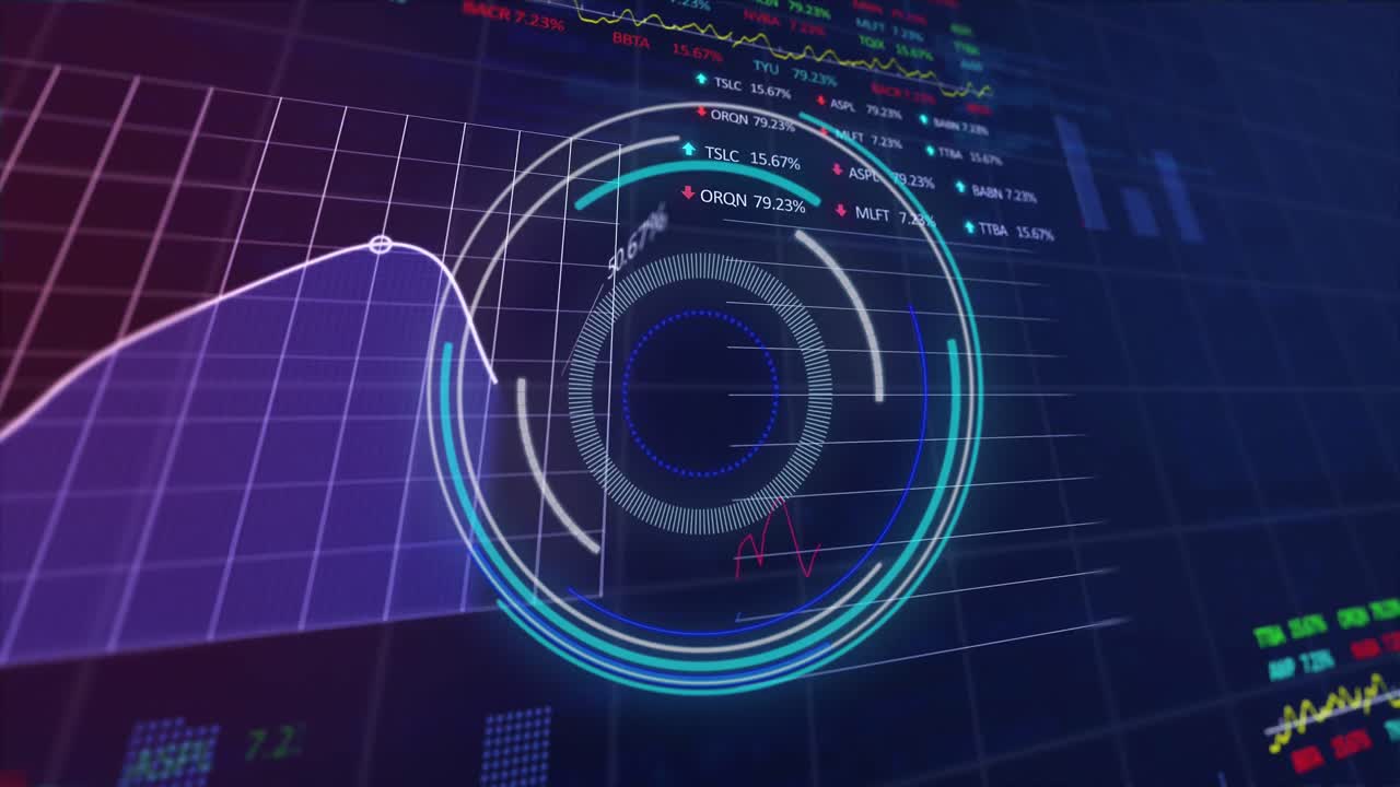 Animation of scope and financial data processing over blue background