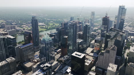 aerial view of downtown austin cityscape with skyscrapers and river