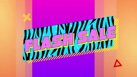 animation of flash sale text over colourful background and shapes