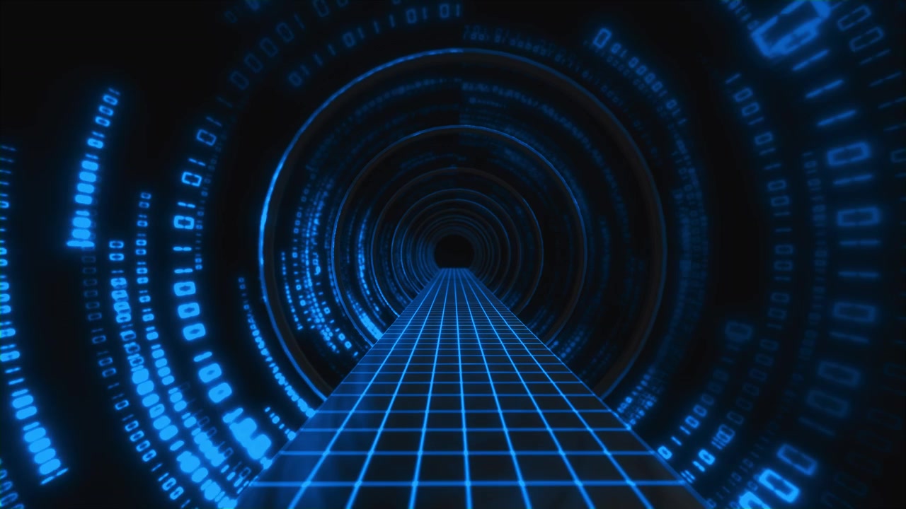 Futuristic binary corridor visual with blue grid path circular code walls and dark technology depth