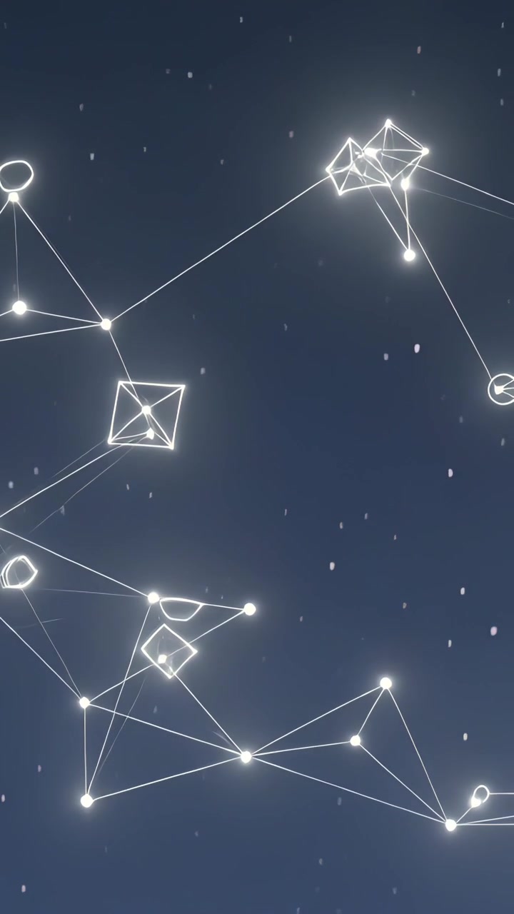 Vertikal video: Pulserende signal, glødende knudepunktsnetværk skifter wireframes i dybblå farve, viser flow.
