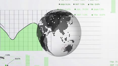 Drehendes-Globussymbol-Und-Verarbeitung-Von-Börsen--Und-Finanzdaten-Vor-Weißem-Hintergrund