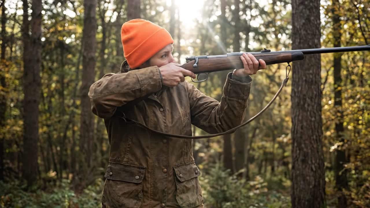 Fokusert kvinne sikter med rifle i solfylt høstskog