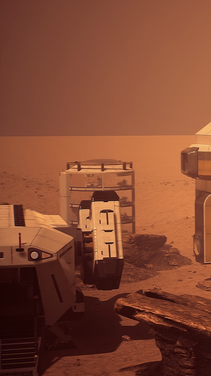 Rover marziano che esplora la superficie del pianeta rosso al tramonto.
