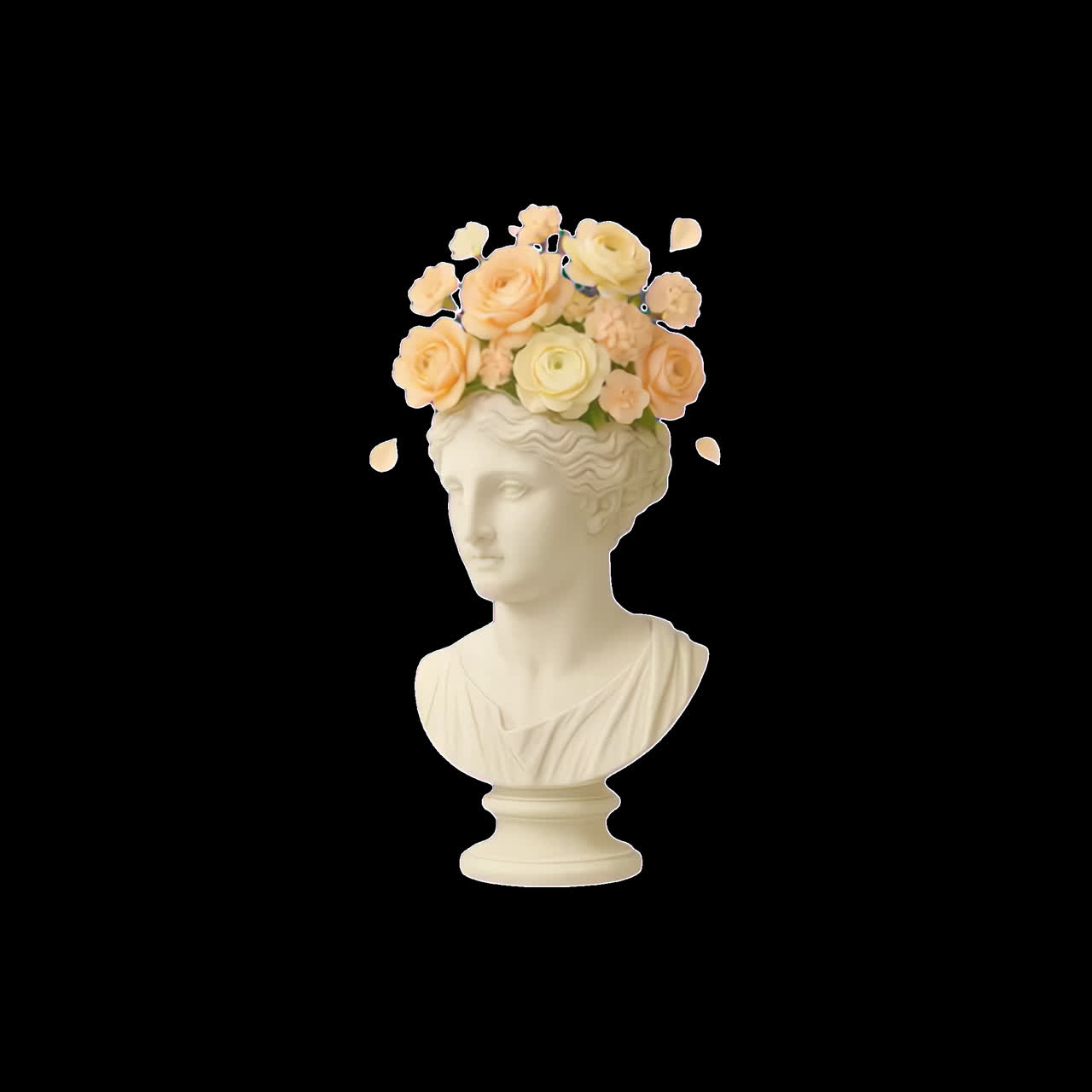 Classical bust with floral crown animation isolated asset, transparent 4K video, alpha channel