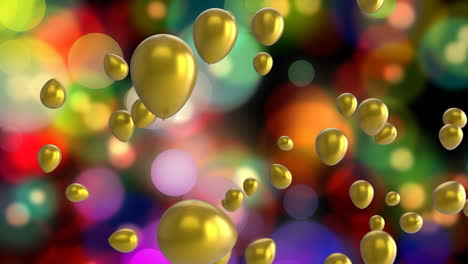 animation of gold balloons over colourful defocussed blinking christmas lights