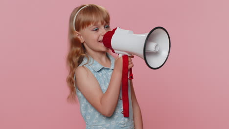 preteen child girl kid talking with megaphone, proclaiming news, loudly announcing advertisement