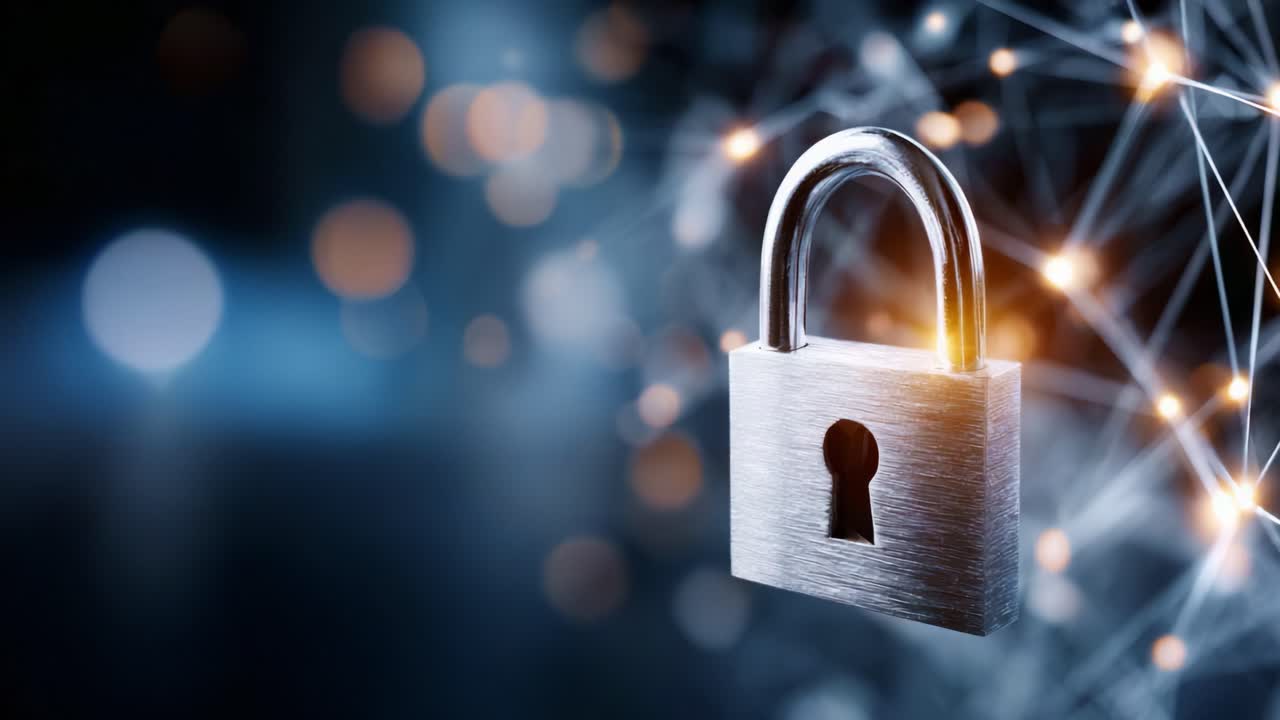 A metallic padlock hangs suspended, symbolizing security and protection against unauthorized access in a digital, interconnected environment filled with light
