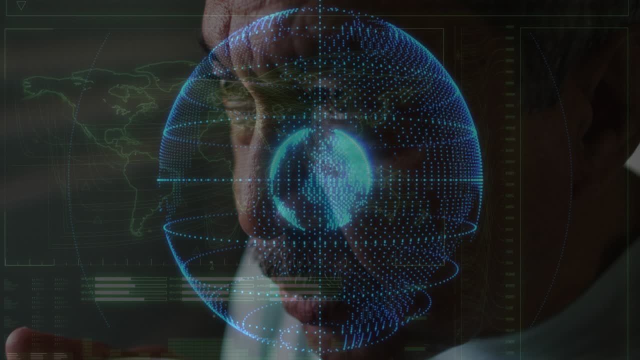 Senior male analyst steadying coffee cup in tech hub, creating 3D globe appearing for data analysis