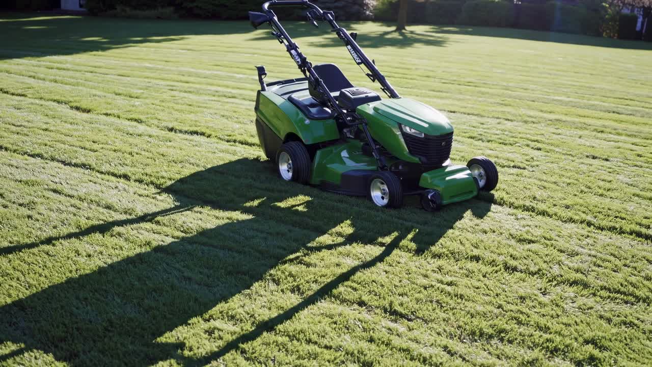 A low-angle video shot of a green lawn mower casting a long shadow on a freshly cut lawn