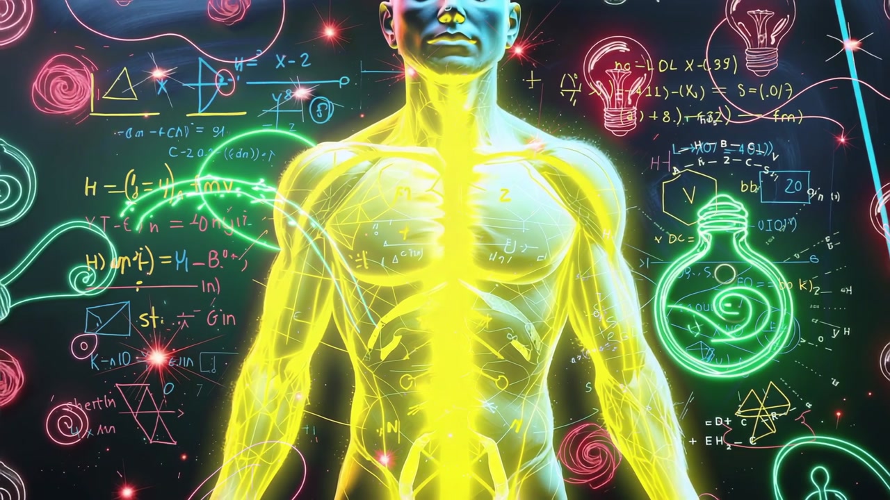 Camera zooming neon figure pulsing spinal network against backdrop, with formulas and bulb icons