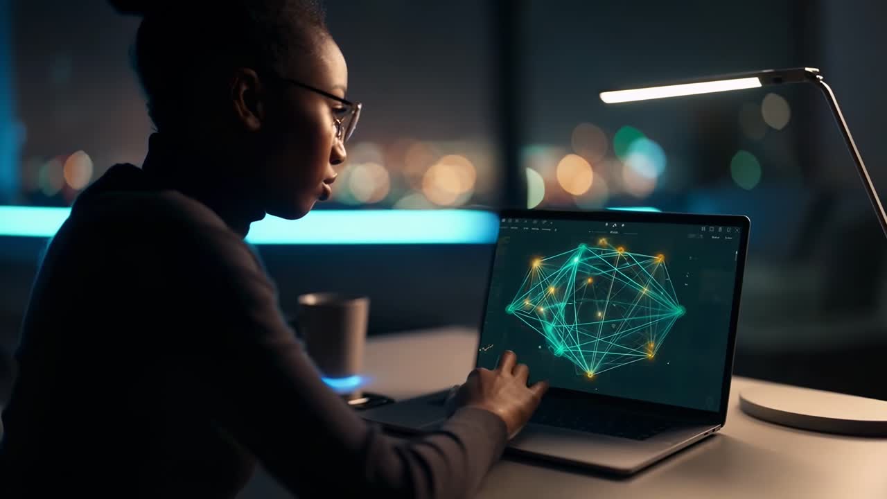 Side angle of a person analyzing data on a laptop, with a bokeh cityscape, video style