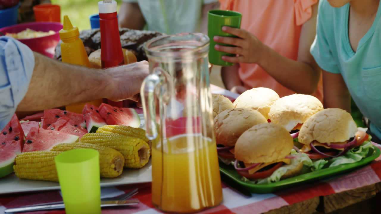 familia de varias generaciones teniendo su almuerzo en el parque