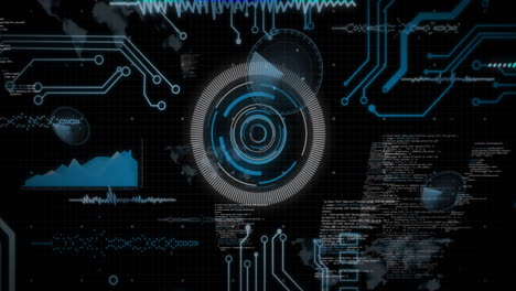 animación de circuitos digitales y procesamiento de datos en interfaz futurista
