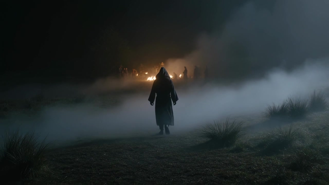 Figura encapuchada con capa oscura caminando siguiendo la luz de una fogata a través de un campo nocturno y neblinoso, con humo elevándose