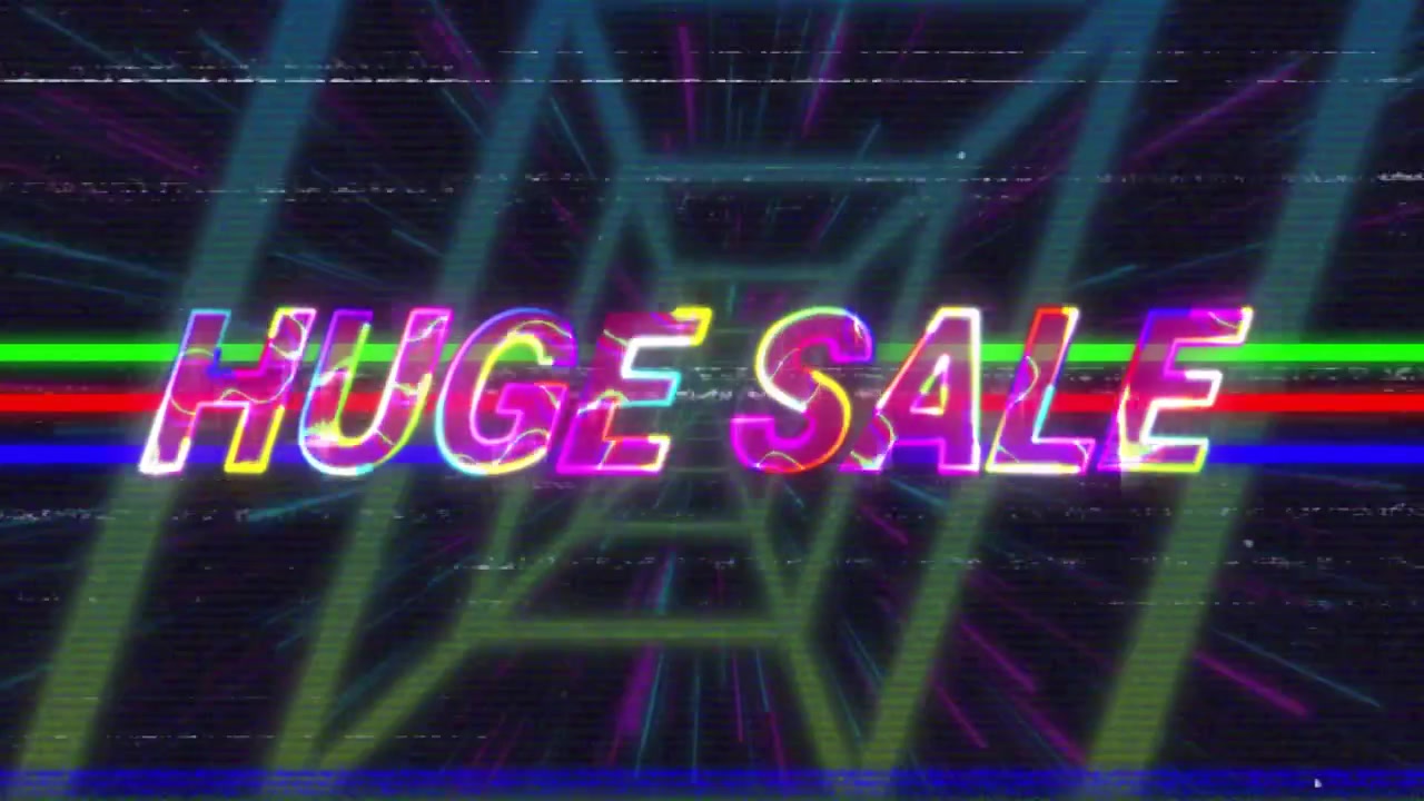 AL tremolante che avvia un testo colorato "ENORME SALDI" che scorre all'interno di un tunnel al neon con glitch, mostrando i saldi.