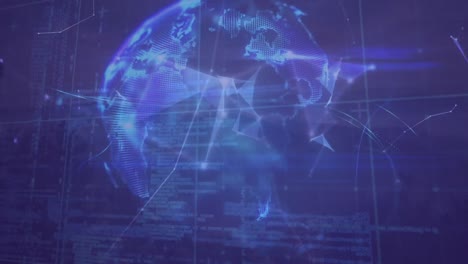 animation of financial data processing and globe on blue background