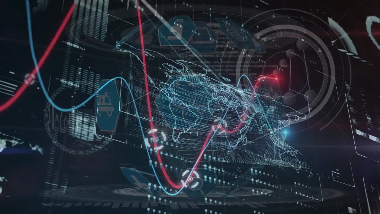 블랙 배경의 세계 지도와 데이터 처리에 대한 연결 네트워크의 애니메이션