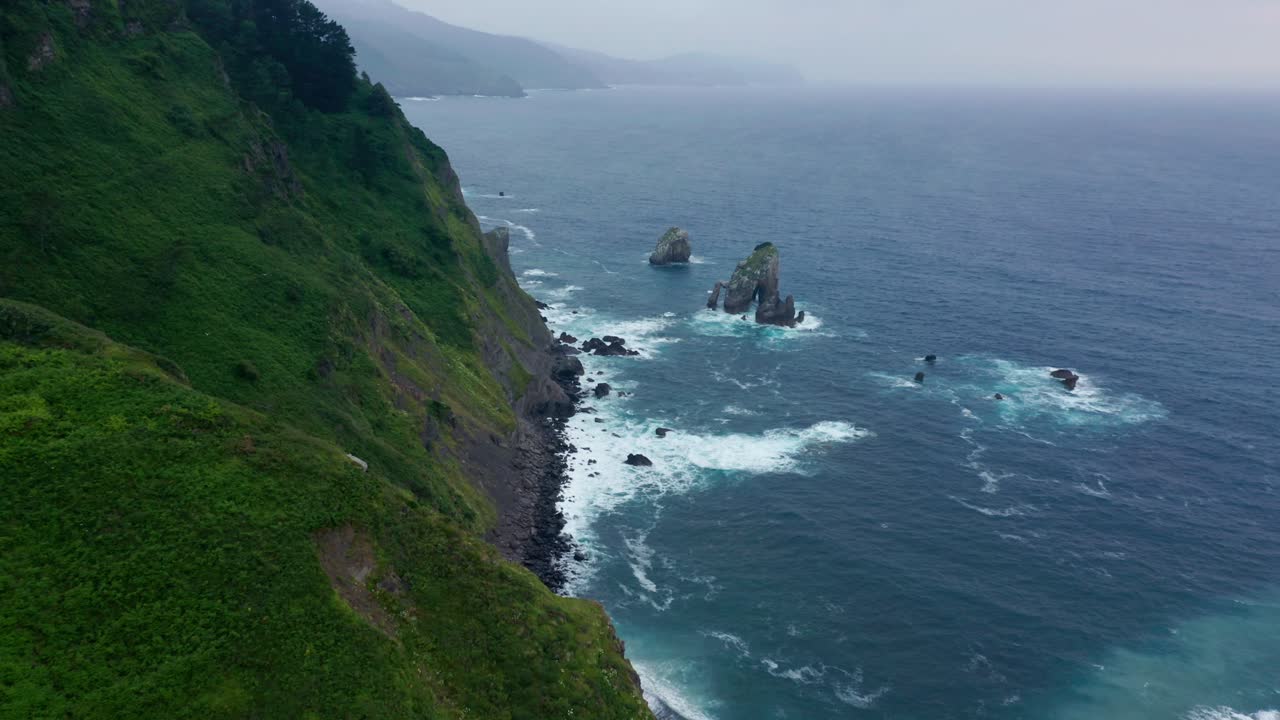 Mossy cliffs near foamy ocean in daylight