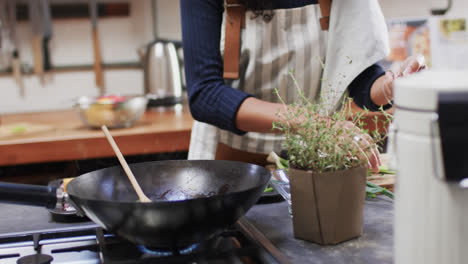 sección media de una mujer biracial condimentando la comida en la cocina, en cámara lenta