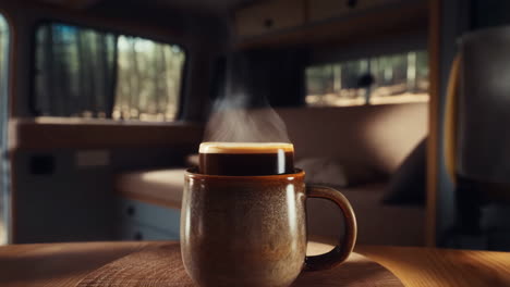 steaming mug of coffee inside a camper van with forest view