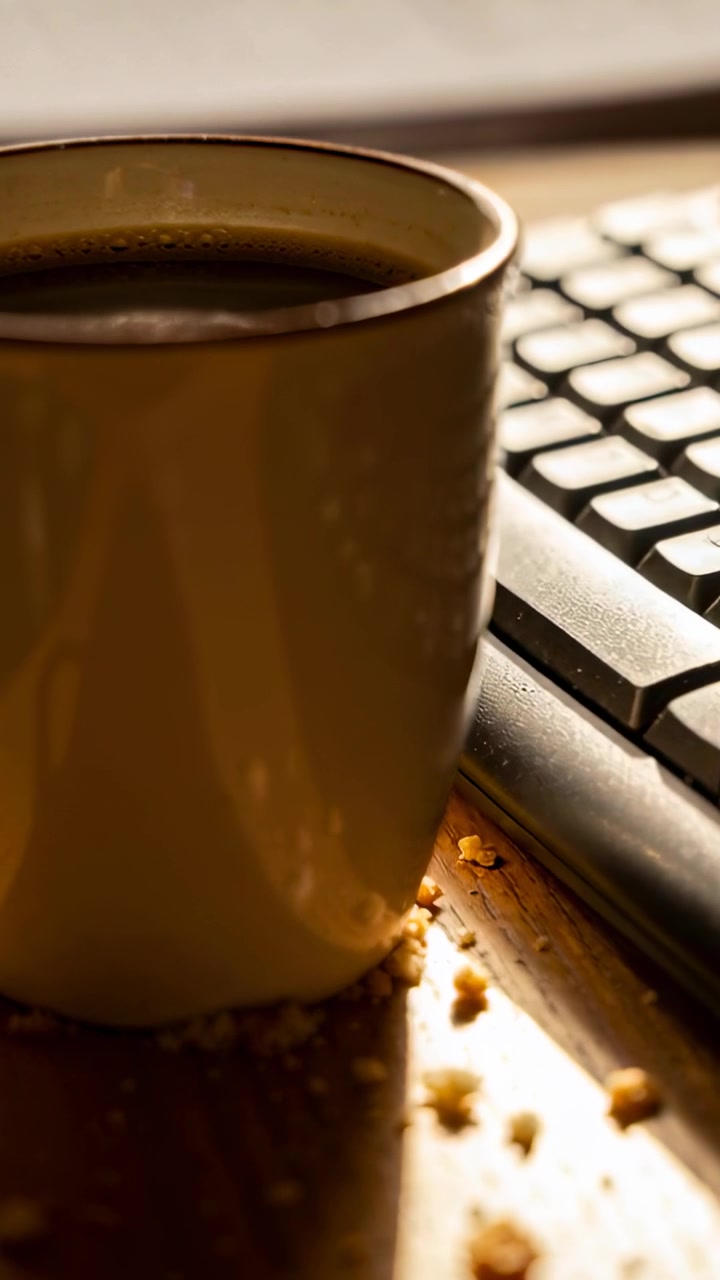 Vídeo vertical: Câmera se aproximando, caneca de café repousando em mesa de madeira, mostrando migalhas e teclado.
