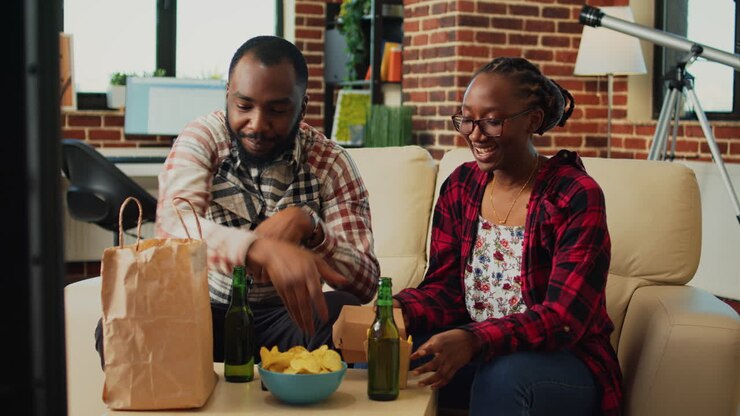 African american couple eating burgers with fries