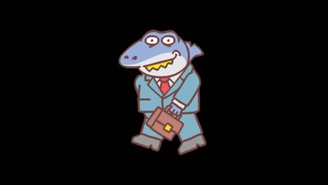 boss shark holds suitcase smiles and walks. frame by frame animation. alpha channel