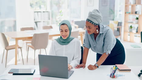 Muslim,-women-team-and-laptop-with-support