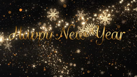 animation of happy new year text, snow and confetti falling over black background
