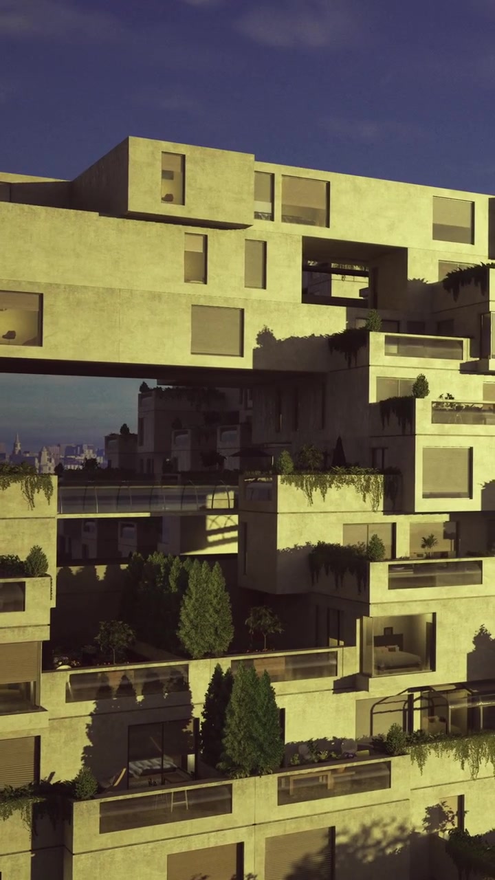Unik moderne arkitektur, der blander natur og design under den gyldne time.