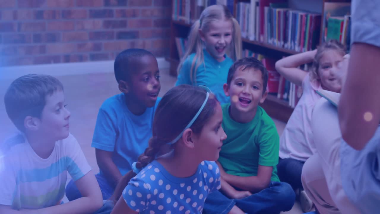 Animation of light spots over diverse schoolchildren and teacher reading books in library
