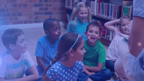 Animation-of-light-spots-over-diverse-schoolchildren-and-teacher-reading-books-in-library